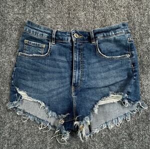 Zara High Rise Distressed Denim Shorts Women's US 6 Frayed Raw Hem Blue